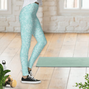 Elegant Light Teal Aqua Mint Grönt Blommigt Leggings