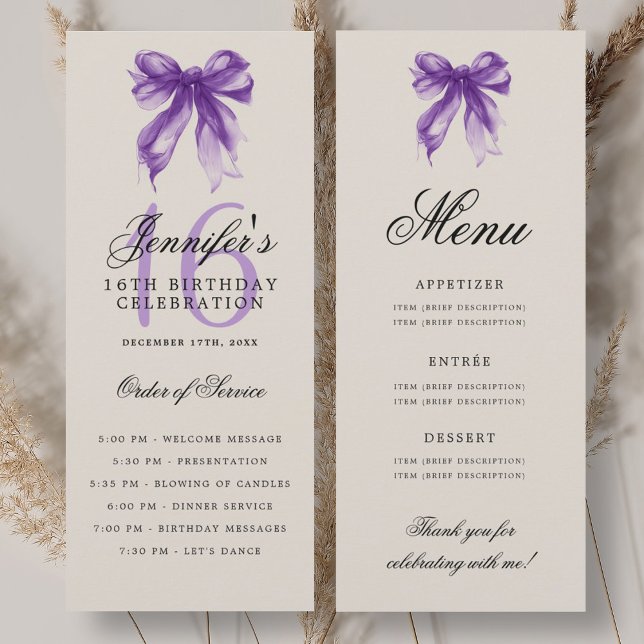 Elegant lila 16-års födelsedagsprogram meny inbjudningar (Elegant Purple Bow 16th Birthday Program Menu)