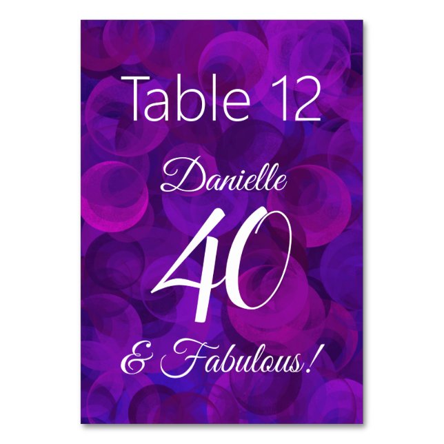 Elegant Lila 40 och Fabulous Födelsedagsfest Namn Bordsnummer (Framsidan)