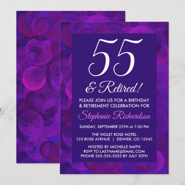 Elegant Lila 55 och Pensionerad Pensionärsfest Inbjudningar (Fram/baksida)