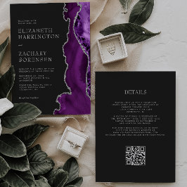 Elegant Lila Agat Silver Mörk QR-kod Bröllop Inbjudningar