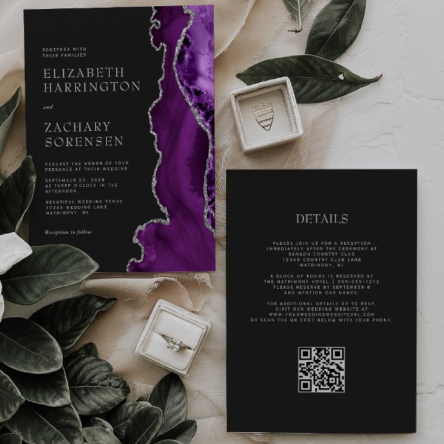 Elegant Lila Agat Silver Mörk QR-kod Bröllop Inbjudningar (Skapare uppladdad)