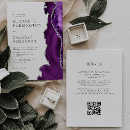 Elegant lila agat silver QR-kod bröllop Inbjudningar