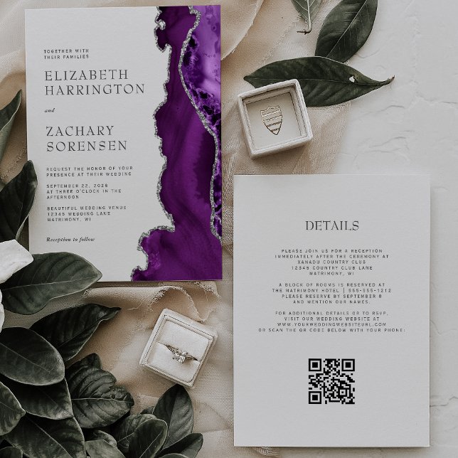 Elegant lila agat silver QR-kod bröllop Inbjudningar (Skapare uppladdad)