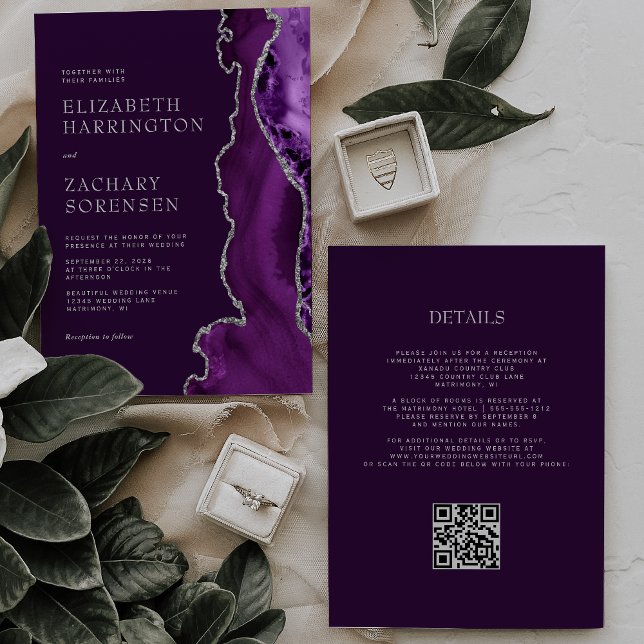 Elegant Lila Agat Silverplommon QR-kod Bröllop Inbjudningar (Skapare uppladdad)