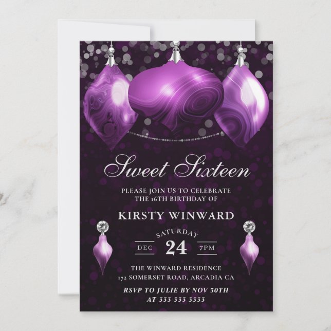 Elegant lila agat Vinterkulor Sweet 16 Inbjudningar (Framsida)