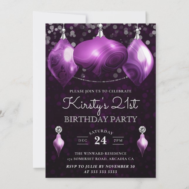 Elegant Lila Agate Baubles 21:a födelsedagen Inbjudningar (Framsida)