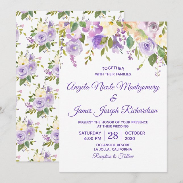 Elegant lila akvarell blommande bröllop inbjudningar (Fram/baksida)