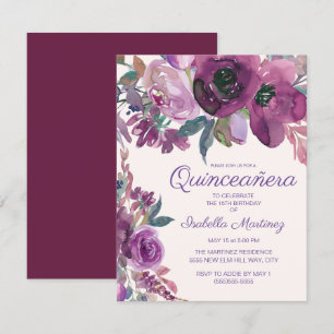 Elegant lila akvarell blomster Quinceañera 15-årsf Inbjudningar