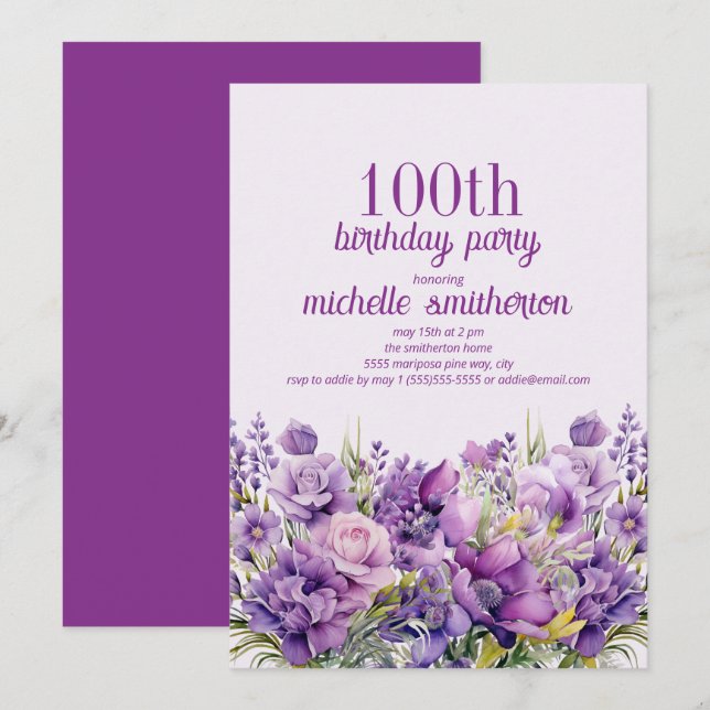 Elegant lila akvarellblomma 100-årsdag inbjudningar (Fram/baksida)