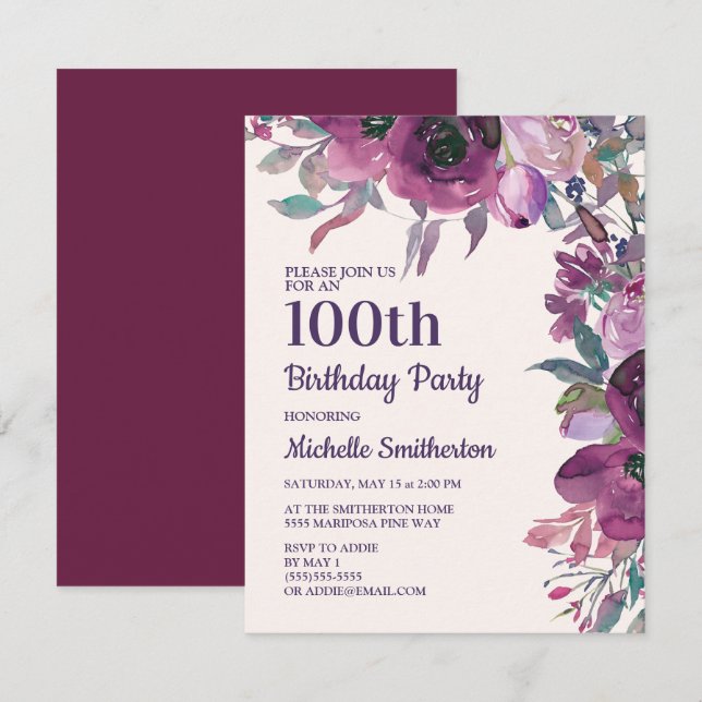 Elegant lila akvarellblomma 100-årsdag inbjudningar (Fram/baksida)