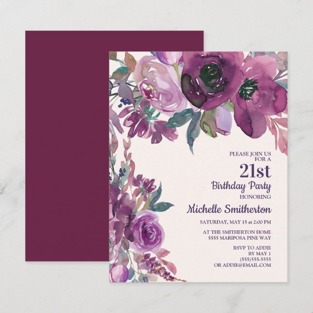 Elegant lila akvarellblomma 21-årsdag inbjudningar (Fram/baksida)
