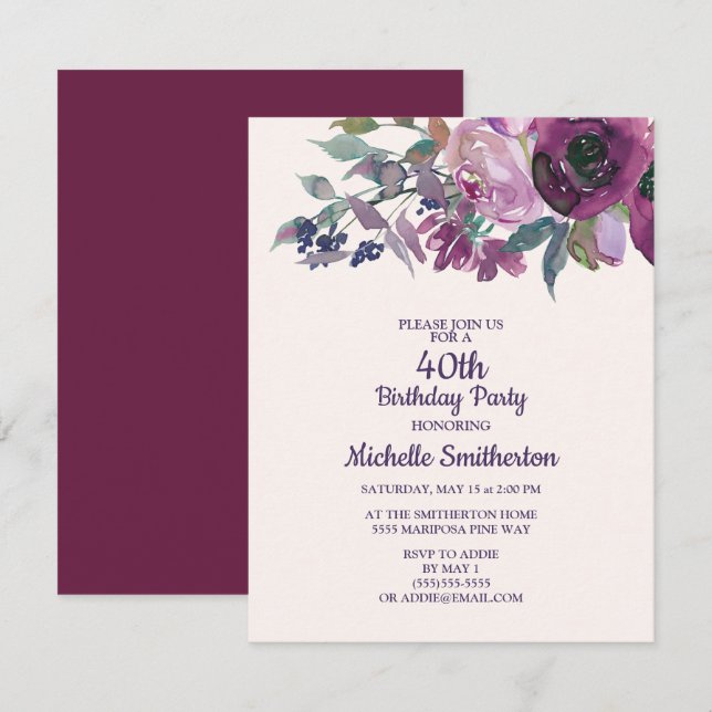 Elegant lila akvarellblomma 40-årsdag inbjudningar (Fram/baksida)
