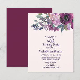 Elegant lila akvarellblomma 40-årsdag inbjudningar