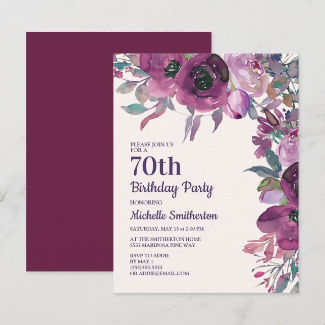 Elegant lila akvarellblomma 70-årsdag inbjudningar (Fram/baksida)