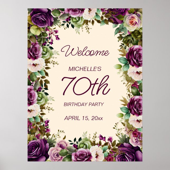 Elegant lila akvarellblomma 70-årsdag poster (Framsidan)