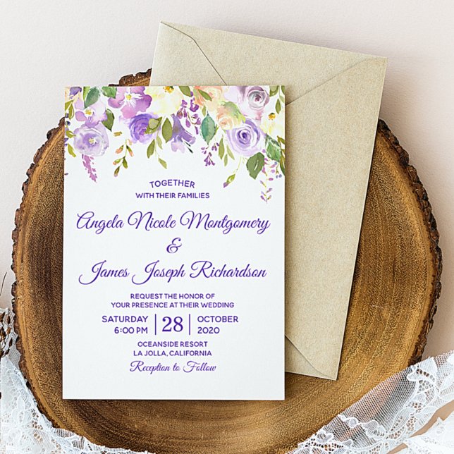 Elegant lila akvarellblomma modern bröllop inbjudningar (Elegant Purple Watercolor Floral Modern Wedding Invitation)