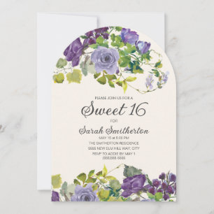 Elegant lila akvarellblommiga vinrankor Sweet 16 Inbjudningar