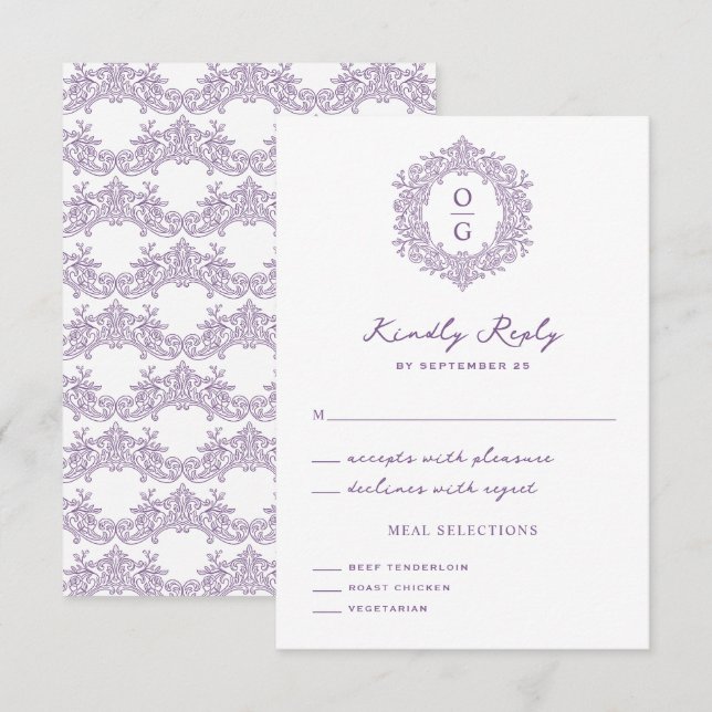 Elegant Lila Arvscrest Bröllop OSA Kort (Fram/baksida)