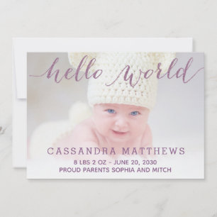 Elegant Lila Baby Birth Foto Notice Meddelande