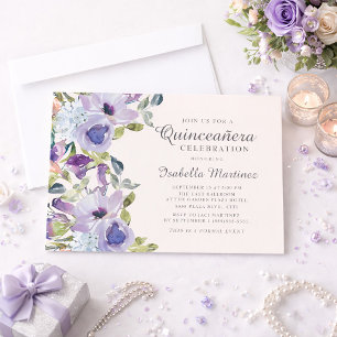 Elegant lila blå blomster horisontell Quinceañera Inbjudningar