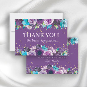 Elegant lila blå blomster Quinceañera födelsedag Tack Kort