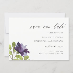 Elegant lila blå blomsterg vattenfärg ros blomma spara datumet