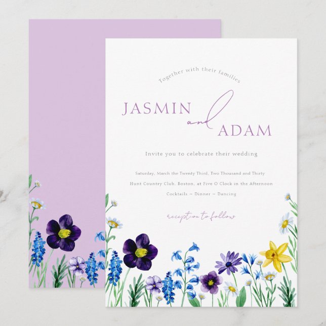 Elegant Lila Blå Vildblomma Monogram Bröllop Inbjudningar (Fram/baksida)