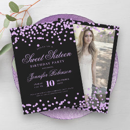 Elegant Lila Black Confetti Photo Sweet 16 Inbjudningar