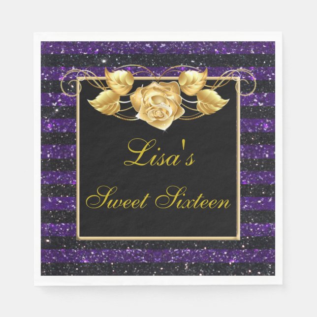 Elegant Lila Black Glitter Guld Ro Sweet 16 Pappersservett (Framsidan)