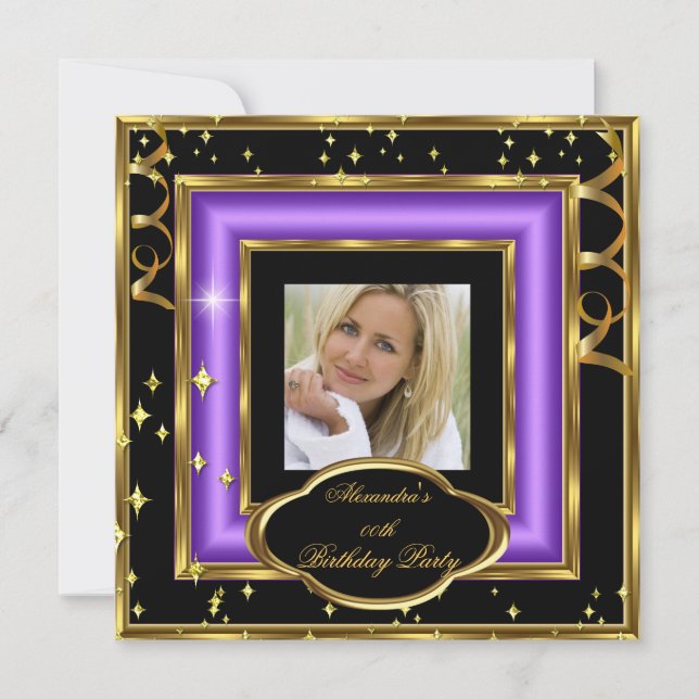 Elegant Lila Black Guld Photo Födelsedagsfest 2 Inbjudningar (Framsida)