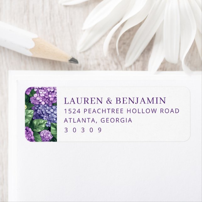 Elegant lila blomhydrangea returadress etikett (Insitu)