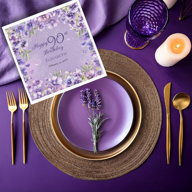 Elegant lila blommande viol 90-årsfirande  pappersservett (Elegant Purple Floral Violets 90th Birthday Party Napkins)