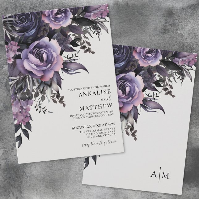 Elegant Lila Blommig Bröllop Inbjudningar (Elegant Purple Black Floral Wedding Invitation)