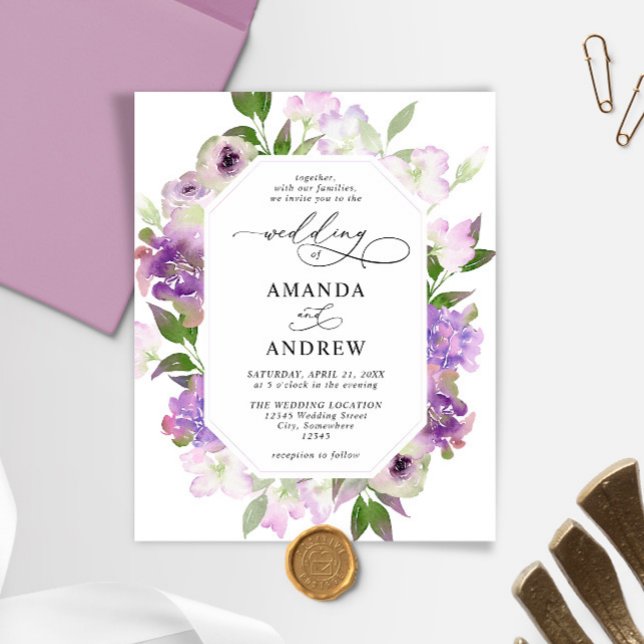 Elegant lila blommig bröllopsinbjudan i budgetklas (Skapare uppladdad)