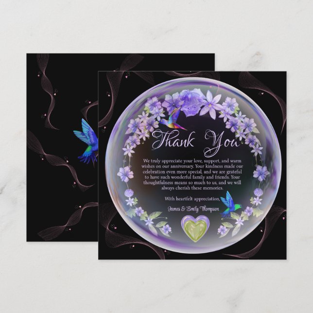 Elegant Lila Blommig Bröllopsjubileum Paret Tack Kort (Fram/baksida)