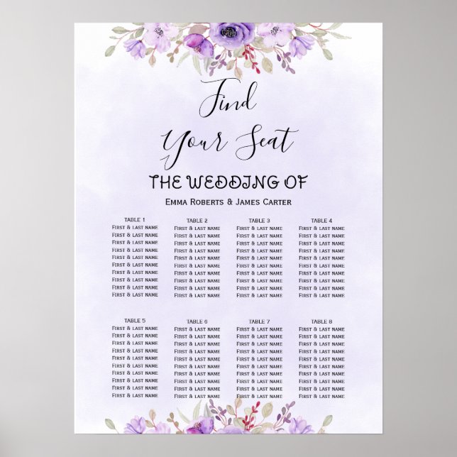 Elegant Lila Blommig Bröllopsställningskarta Poster (Framsidan)