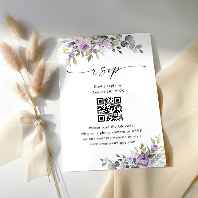 Elegant Lila Blommig Bröllopswebbplats QR-kod OSA Kort (Skapare uppladdad)