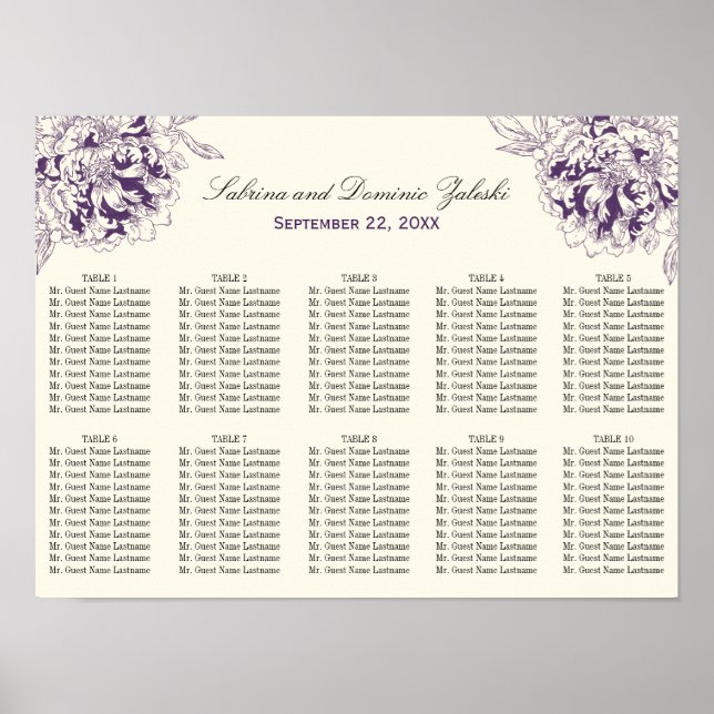 Elegant Lila Blommig Peony Bröllopsplatseringsplan Poster (Framsidan)