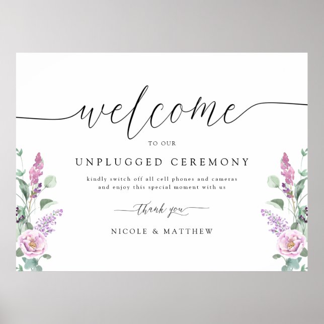 Elegant lila, blommig 'Unplugged Ceremony'-skylt Poster (Framsidan)