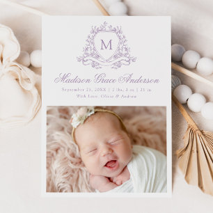 Elegant Lila Blommig Vapen Monogram 4 Foto Födelse Meddelande