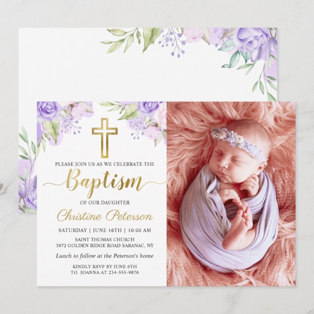 Elegant Lila  Blommigt Baptism Foto Inbjudningar (Fram/baksida)