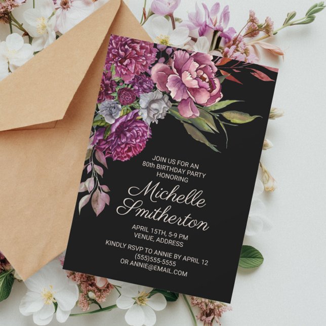 Elegant Lila Blommigt Black 80:e födelsedagsinbjud Inbjudningar (Elegant purple floral on black birthday party invitation)