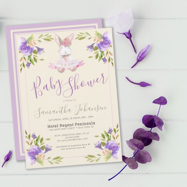 Elegant Lila Blommigt & Bunny Girl Baby Shower Inbjudningar (ELEGANT LAVENDER PURPLE FLORAL & BUNNY GIRL BABY SHOWER INVITATION)