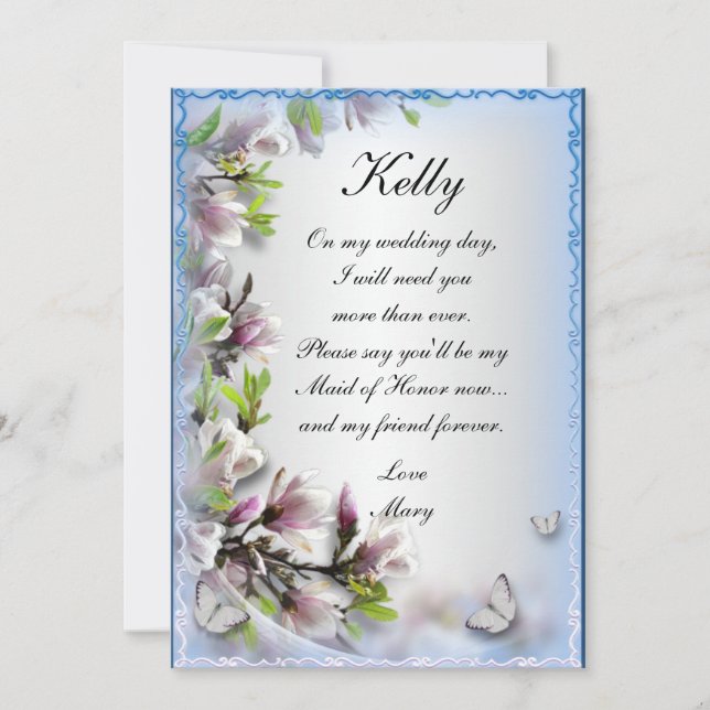 Elegant Lila Blommigt Butterfly Maid of honor Card Inbjudningar (Framsida)