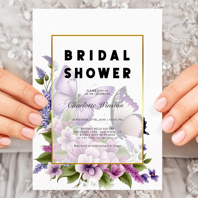 Elegant Lila Blommigt Butterfly Möhippa Inbjudningar (Elegant Chic Purple Floral Butterfly Bridal Shower Invitation)