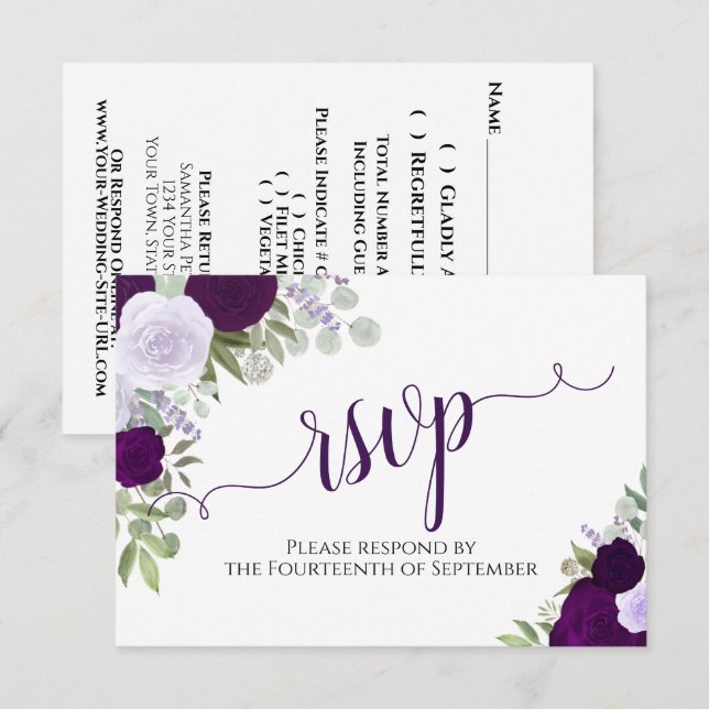 Elegant Lila Blommigt Calligraphy Bröllop OSA Kort (Fram/baksida)