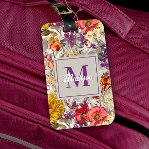 Elegant lila blommigt grått mönster monogram bagagebricka