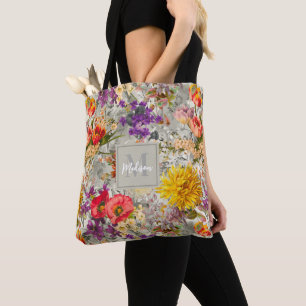 Elegant lila blommigt grått mönster monogram tygkasse