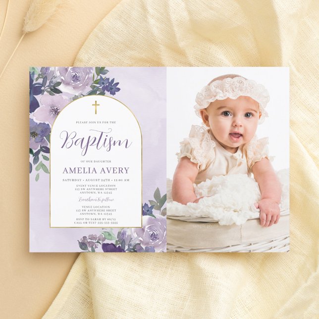 Elegant Lila Blommigt Guld Arch Girl Baptism Photo Inbjudningar (Skapare uppladdad)